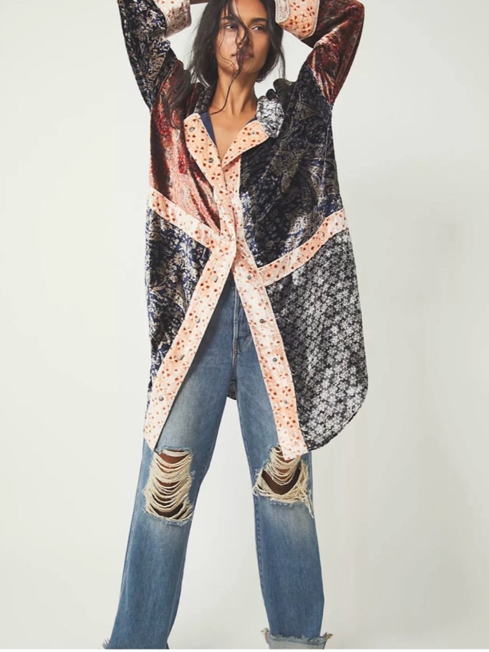 We The Free Navy, Rust & Blush Velvet Patchwork Shirt Jacket cardigan #A8